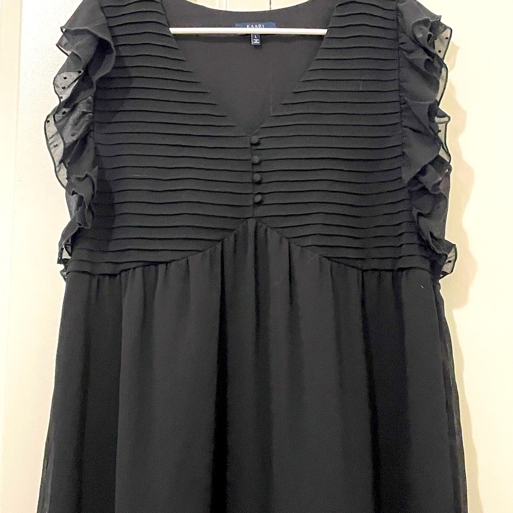Kaari Blue Black Ruffle Dress Size L Large V Neck La Vie Boheme Tunic Lace